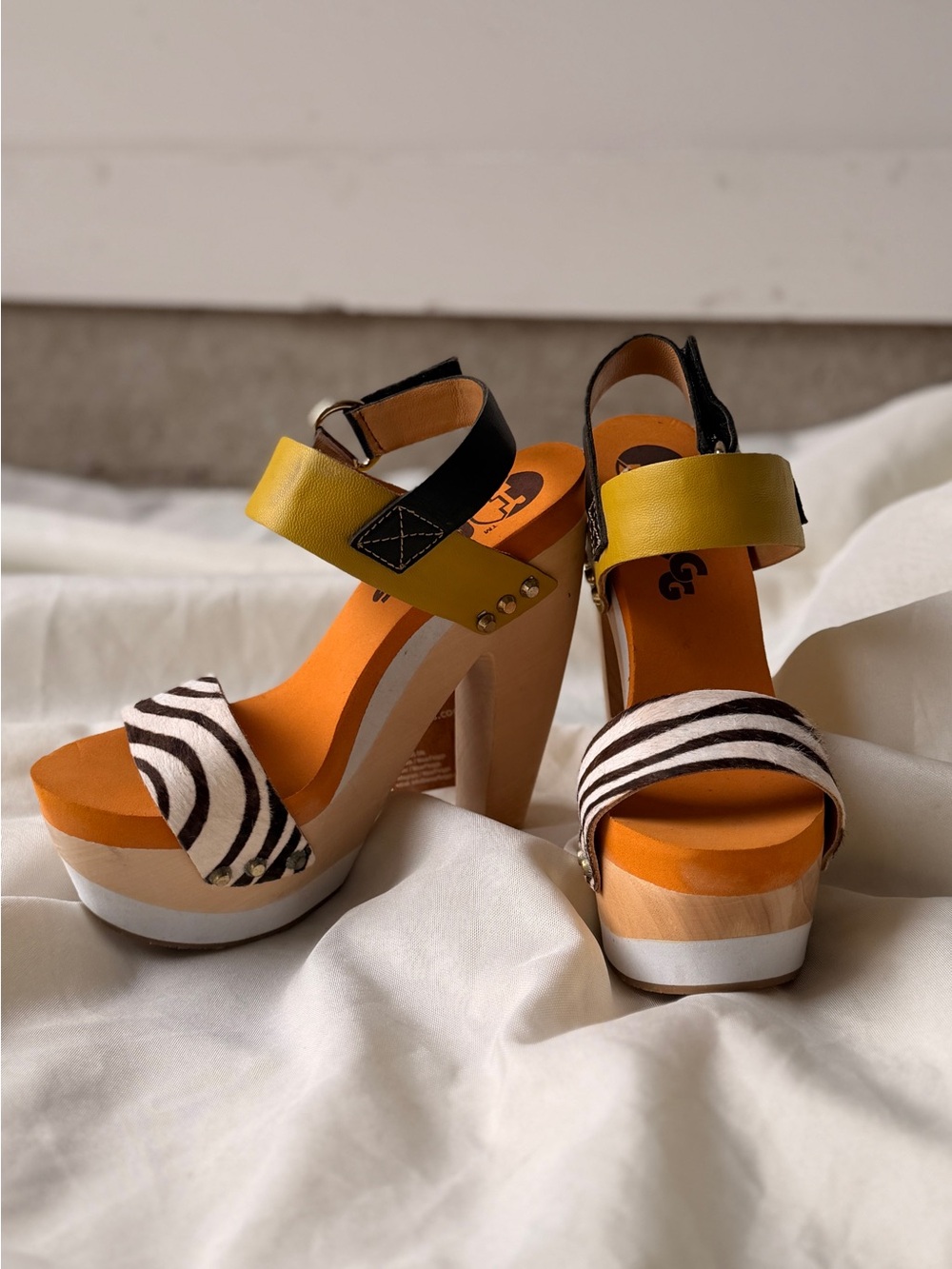 Zebra-Print Platform Sandals with Yellow Ankle Strap